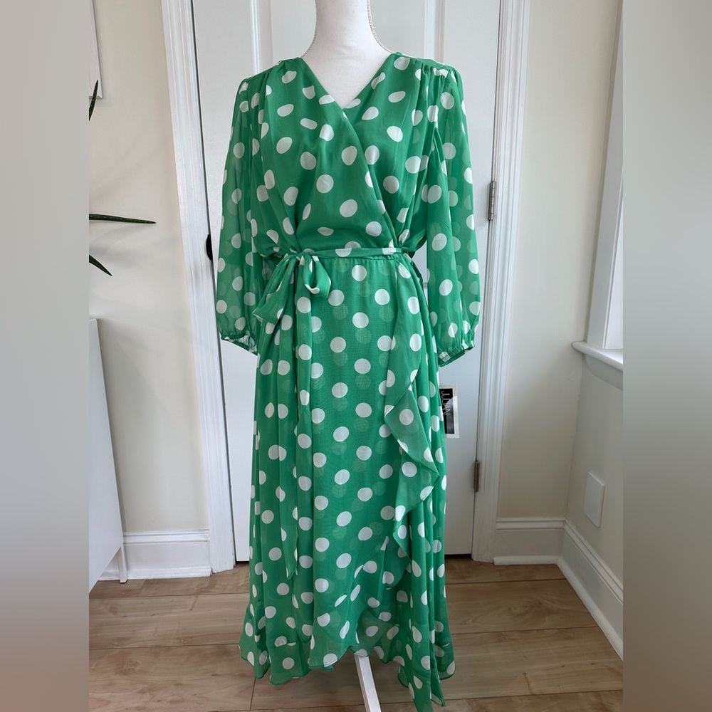 Julian Taylor Green Long Sleeve Polka Dot Dress